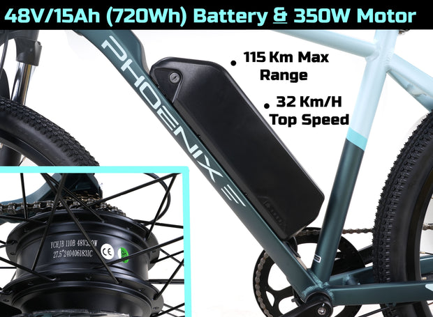 720Wh Battery, 350W Motor, 27.5" Electric Bike - Large 48V/15Ah (720Wh) Removable Battery (Max Range 115 Km), LCD Display, 32 Km/H Top Speed, 17" Aluminum Frame Mountain eBike