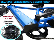 100 Km Range, 32 Km/H, 27.5" Electric Bike - LCD Display, 468Wh Battery (36V/13 Ah), 350W Motor, 19" Aluminum Frame
