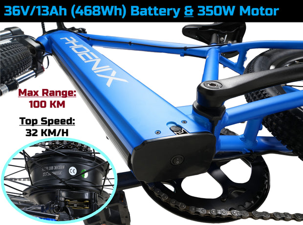 100 Km Range, 32 Km/H, 27.5" Electric Bike - LCD Display, 468Wh Battery (36V/13 Ah), 350W Motor, 19" Aluminum Frame
